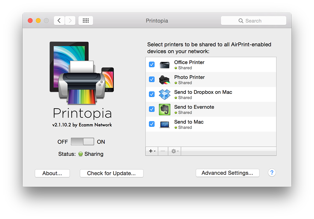 Printopia Settings