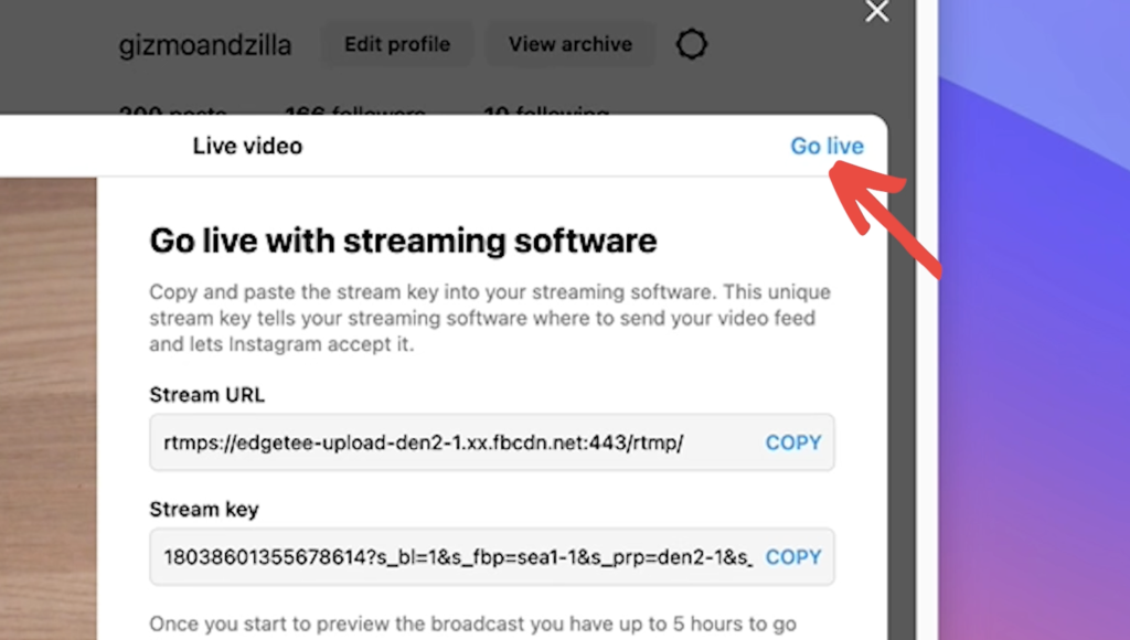 Stream URL and stream key in Instagram