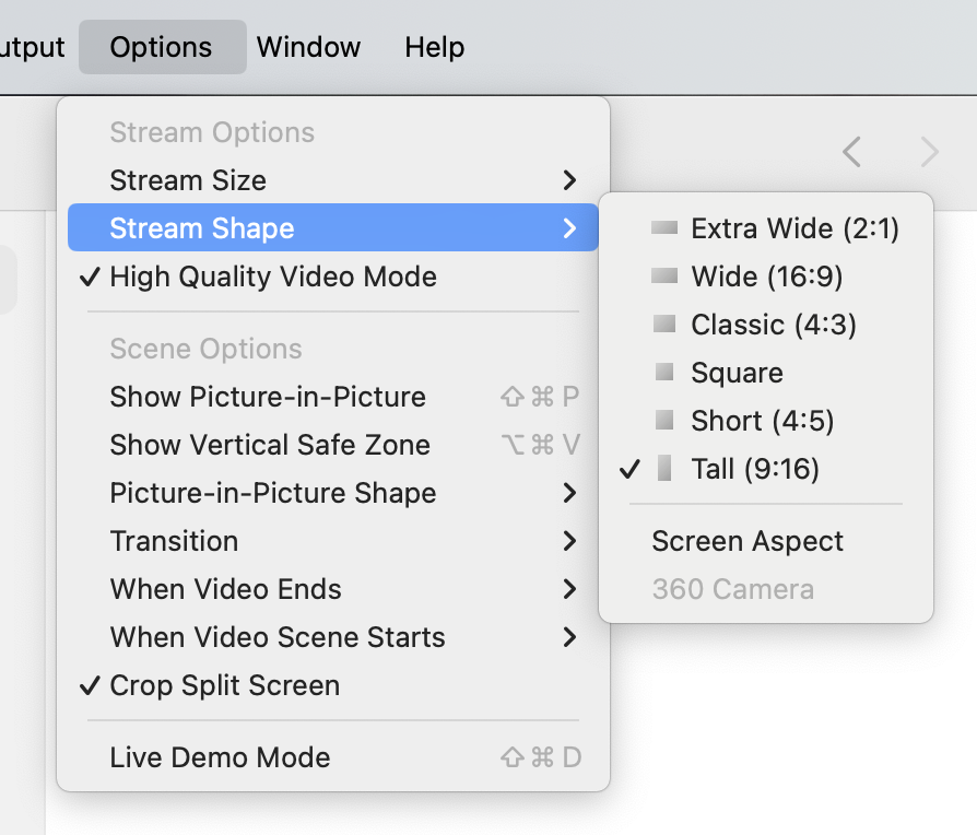 Choose Tall Stream Shape in Ecamm