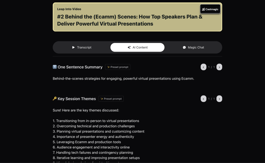 AI notes on Leap Into Video sessions using Castmagic