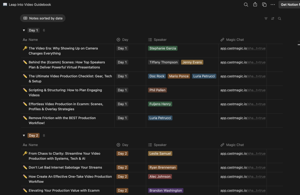 Leap Into Video guidebook hosted on Notion