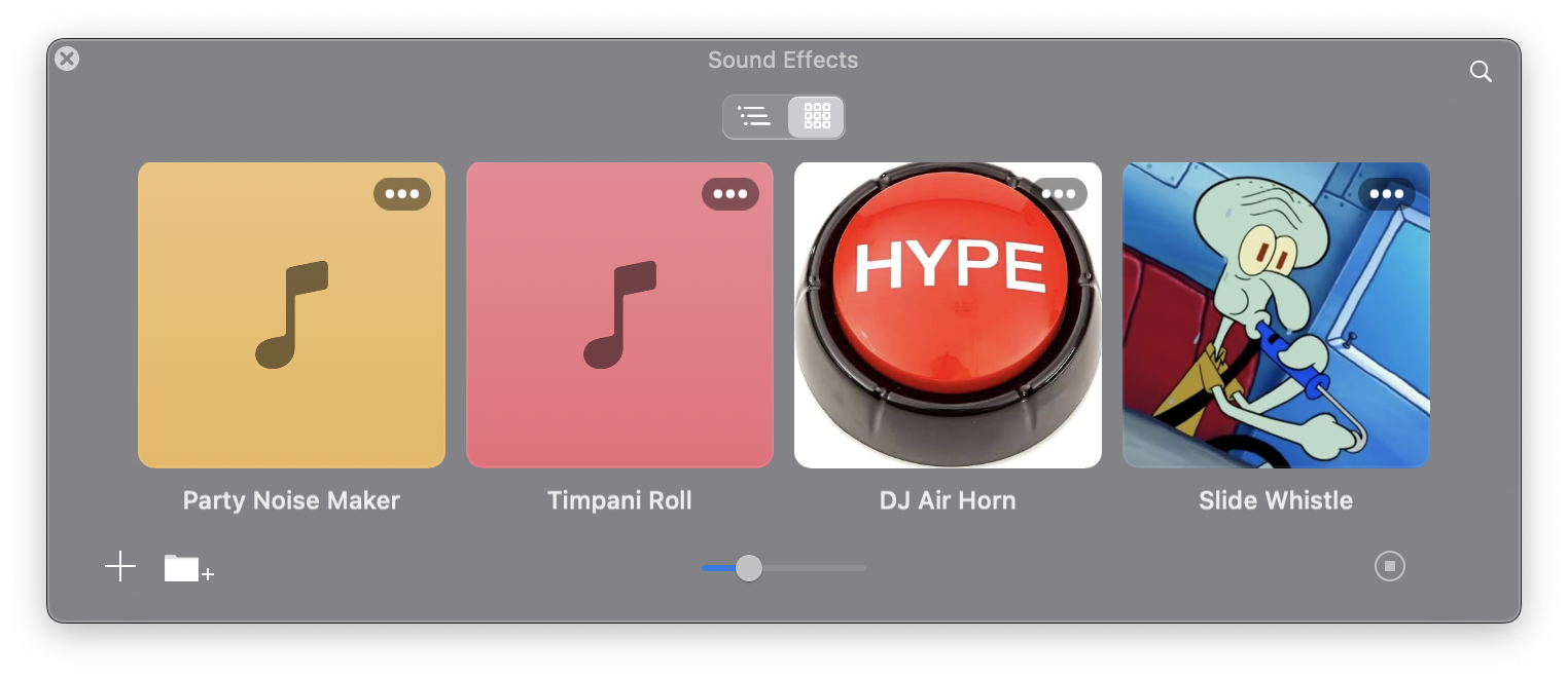 Sound Effects grid with custom colors and images.