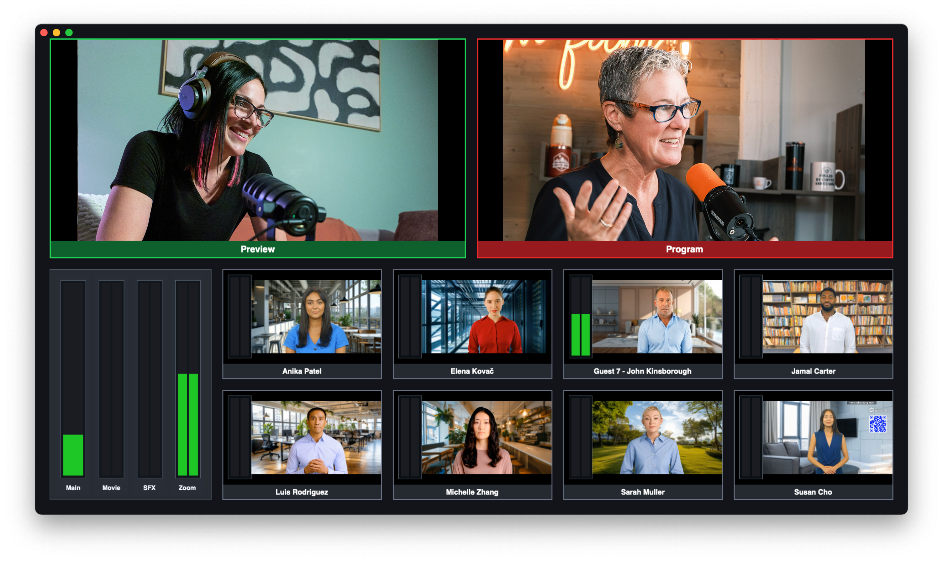 Multiview showing cameras, program feed, and audio levels.