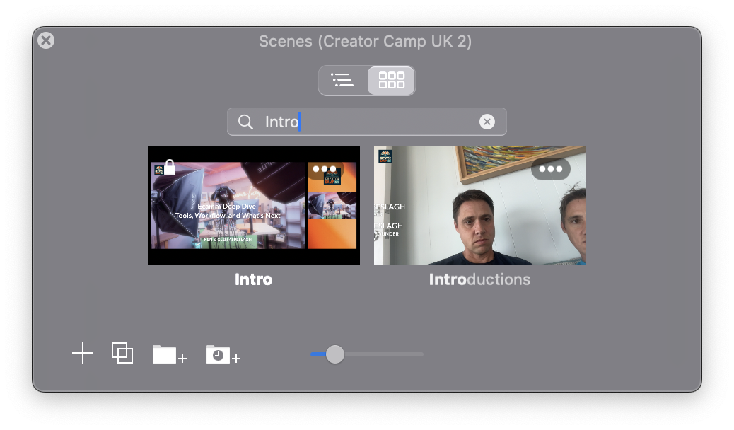 Scenes window filtered using the search field.