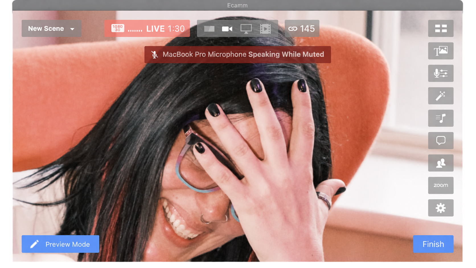 Ecamm showing a Speaking While Muted warning.